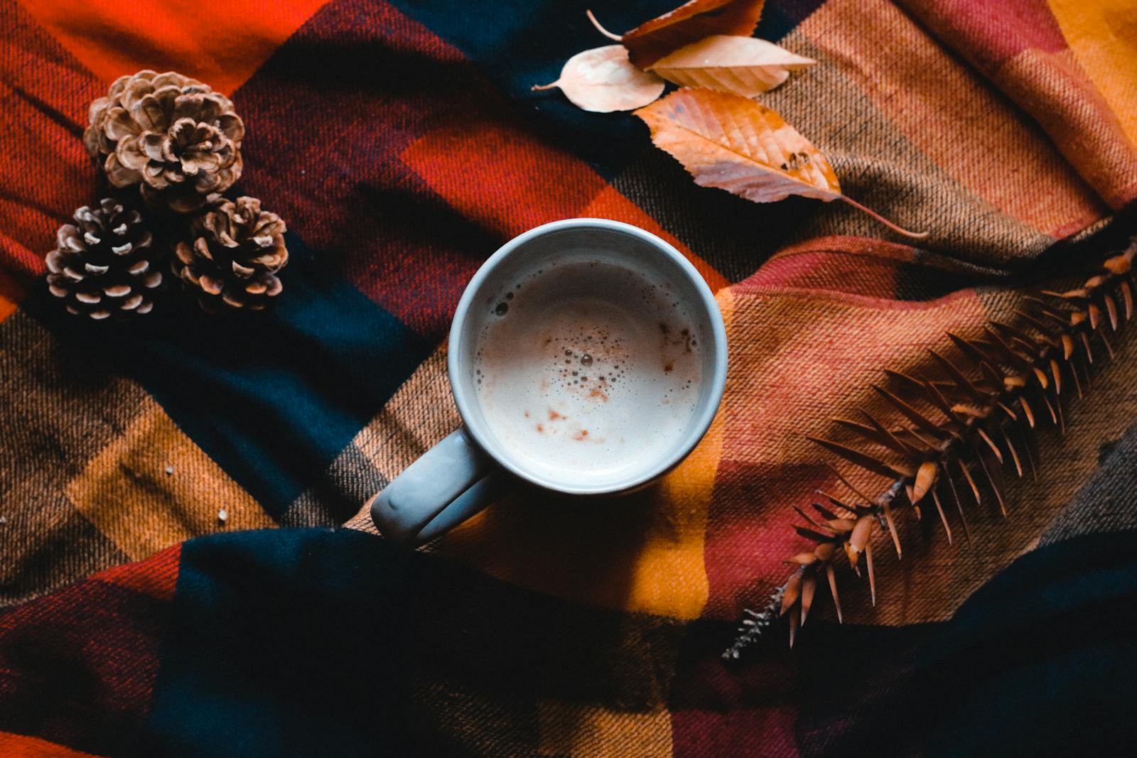 Warm cup of coffee on plaid blanket with pine cones and leaves, evoking fall vibes.